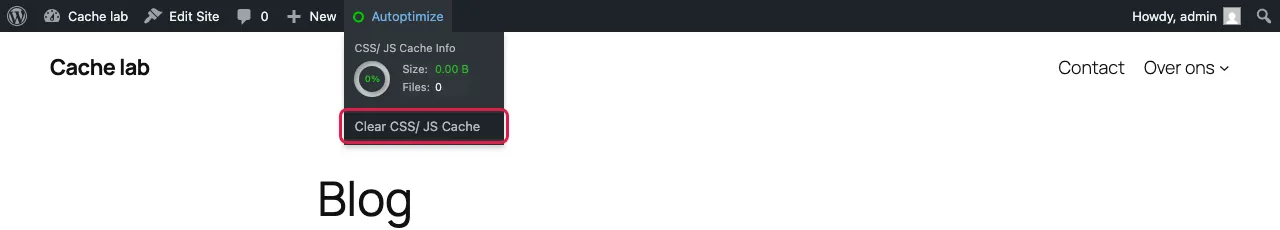 Admin bar with the Autoptimize menu open and Clear CSS/ JS Cache highlighted