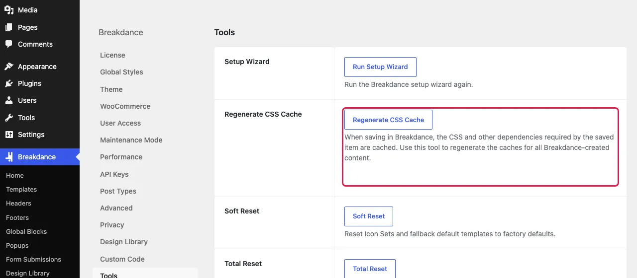 Breakdance settings, Tools, with Regenerate CSS Cache highlighted