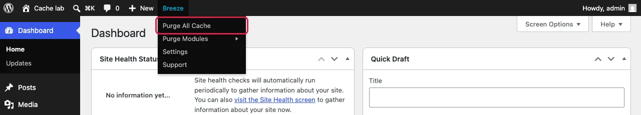 Admin bar with the Breeze menu open and Purge All Cache highlighted