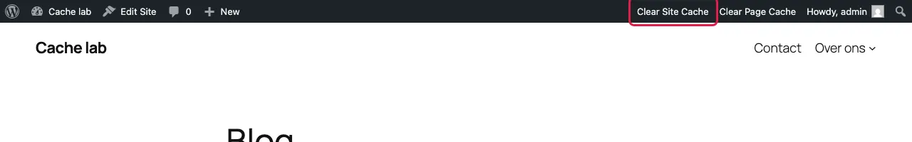 Admin bar with Cache Enabler Clear Site Cache highlighted