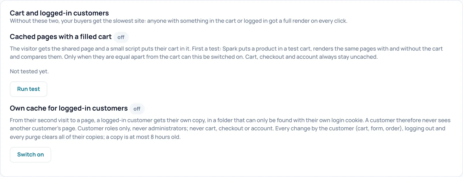 Cart and logged-in customers card with both features off, the text Not tested yet and the Run test and Switch on buttons