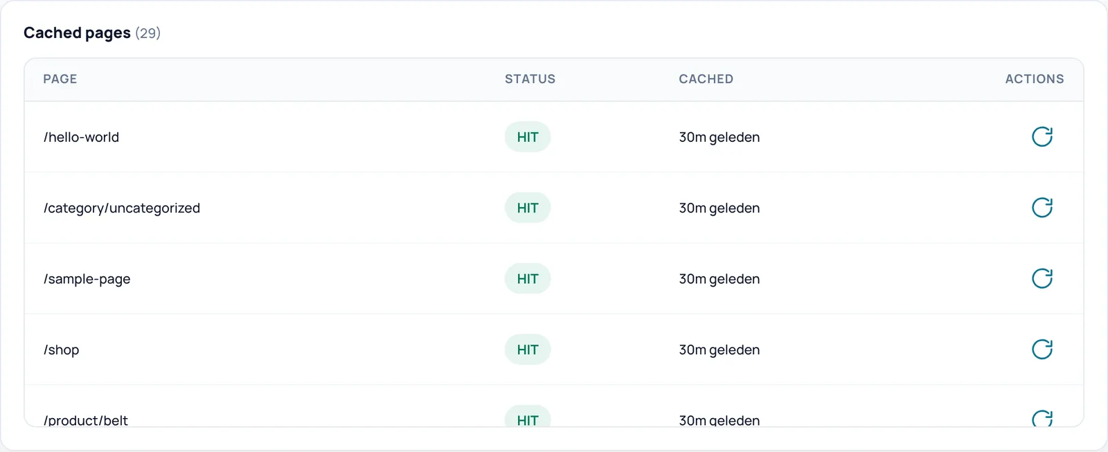 Cached pages table with the columns Page, Status, Cached and Actions and a button per row to re-cache the page