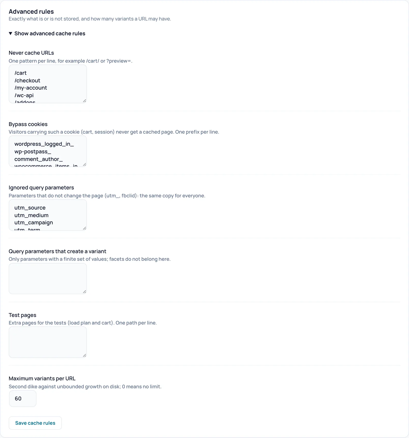 Advanced rules card expanded with the fields Never cache URLs, Bypass cookies, Ignored query parameters, Query parameters that create a variant, Test pages and Maximum variants per URL