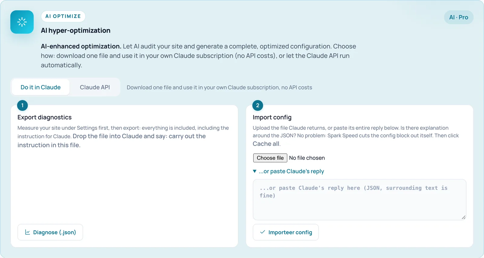 AI hyper-optimization card with the choice Do it in Claude or Claude API and the steps Export diagnostics and Import config
