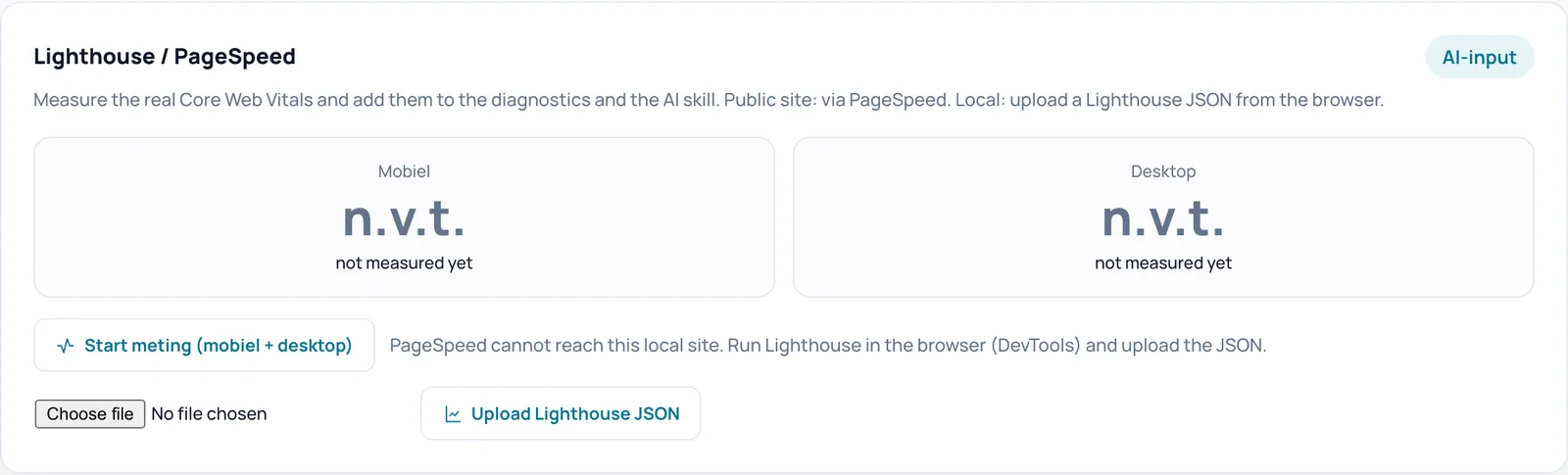 Lighthouse / PageSpeed card with score tiles for mobile and desktop, the Start measurement button and the Upload Lighthouse JSON button