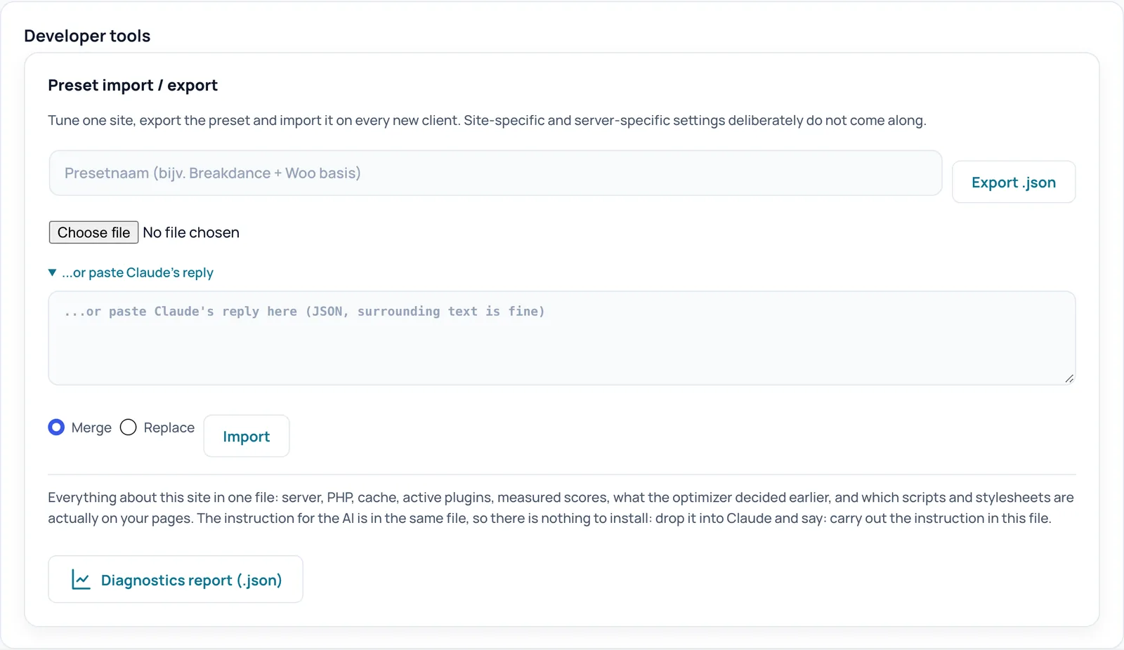 Developer tools card containing Preset import / export: preset name, Export .json, choose file, paste box, Merge or Replace, Import and Diagnostics report (.json)