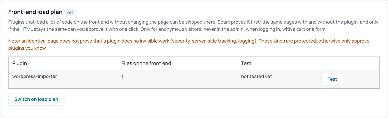 Front-end load plan card with a plugin table, the Test button and the Switch on load plan button