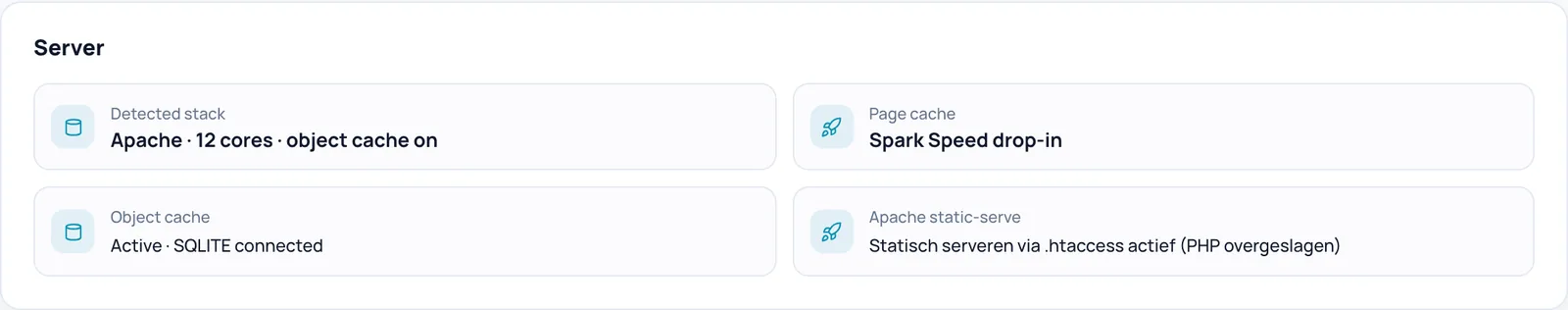 Server card with tiles for detected stack, page cache, object cache and Apache static-serve