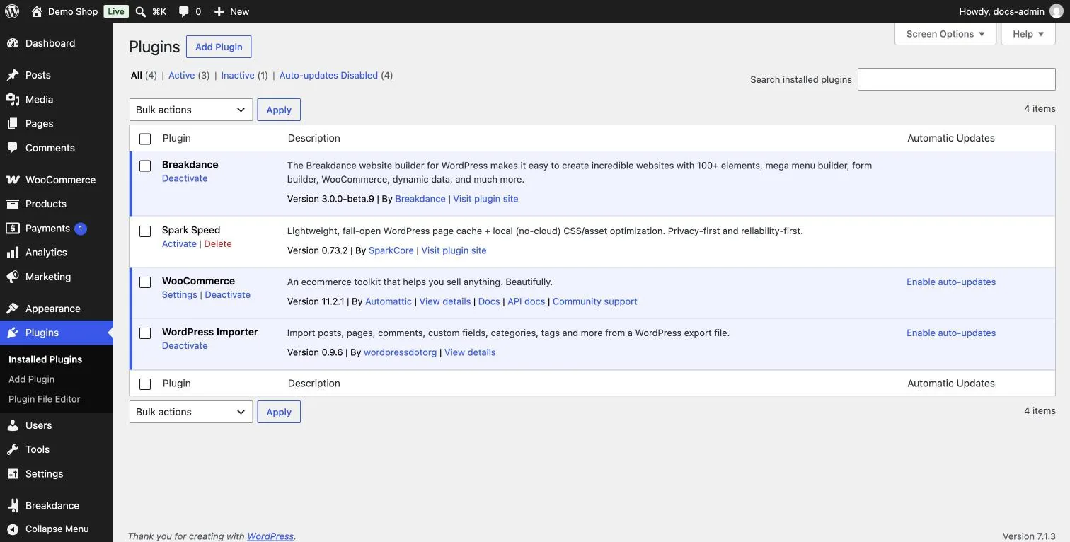 The plugin list with Spark Speed 0.73.2 installed and the Activate link