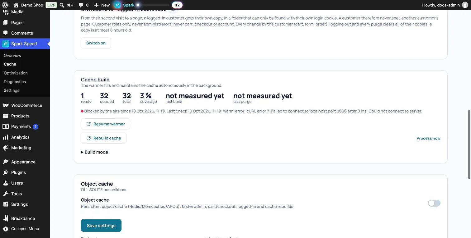 The Cache build card with the message that the site blocks the warmer and the Resume warmer button