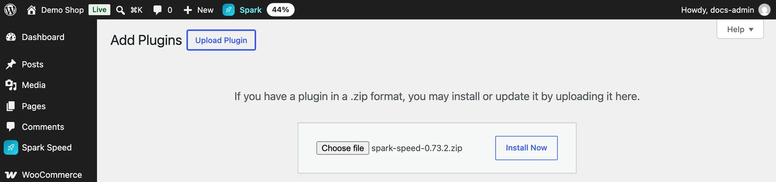 The Add Plugins screen with Upload Plugin open and the file spark-speed-0.73.2.zip chosen