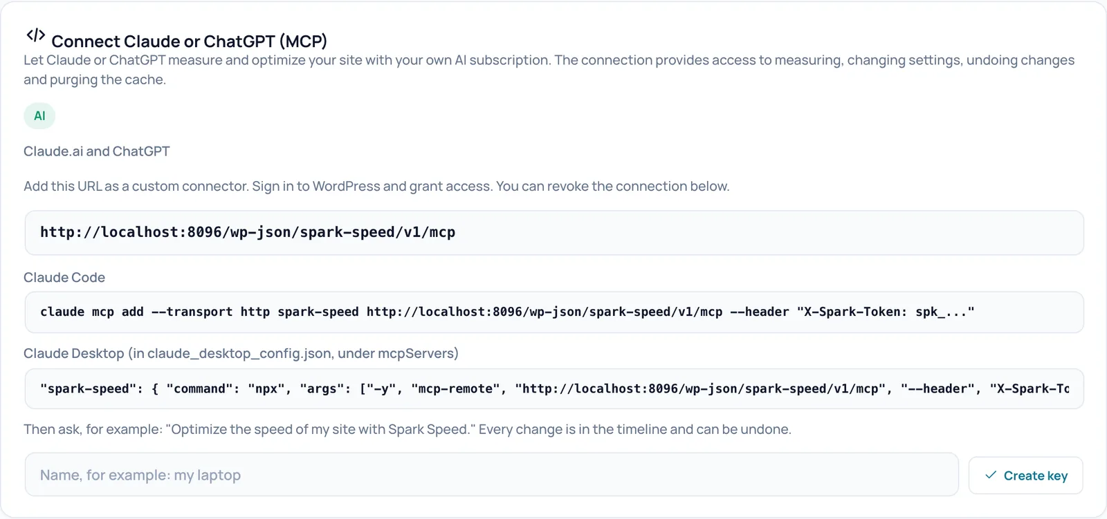 The Connect Claude or ChatGPT (MCP) card on the Optimization tab