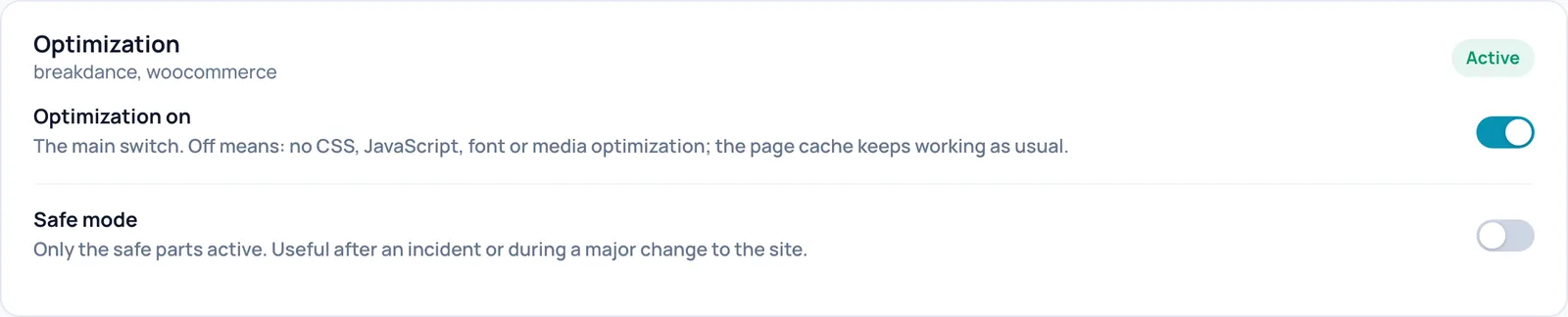 The Optimization card with the profile breakdance, woocommerce, the Active label and the switches Optimization on and Safe mode