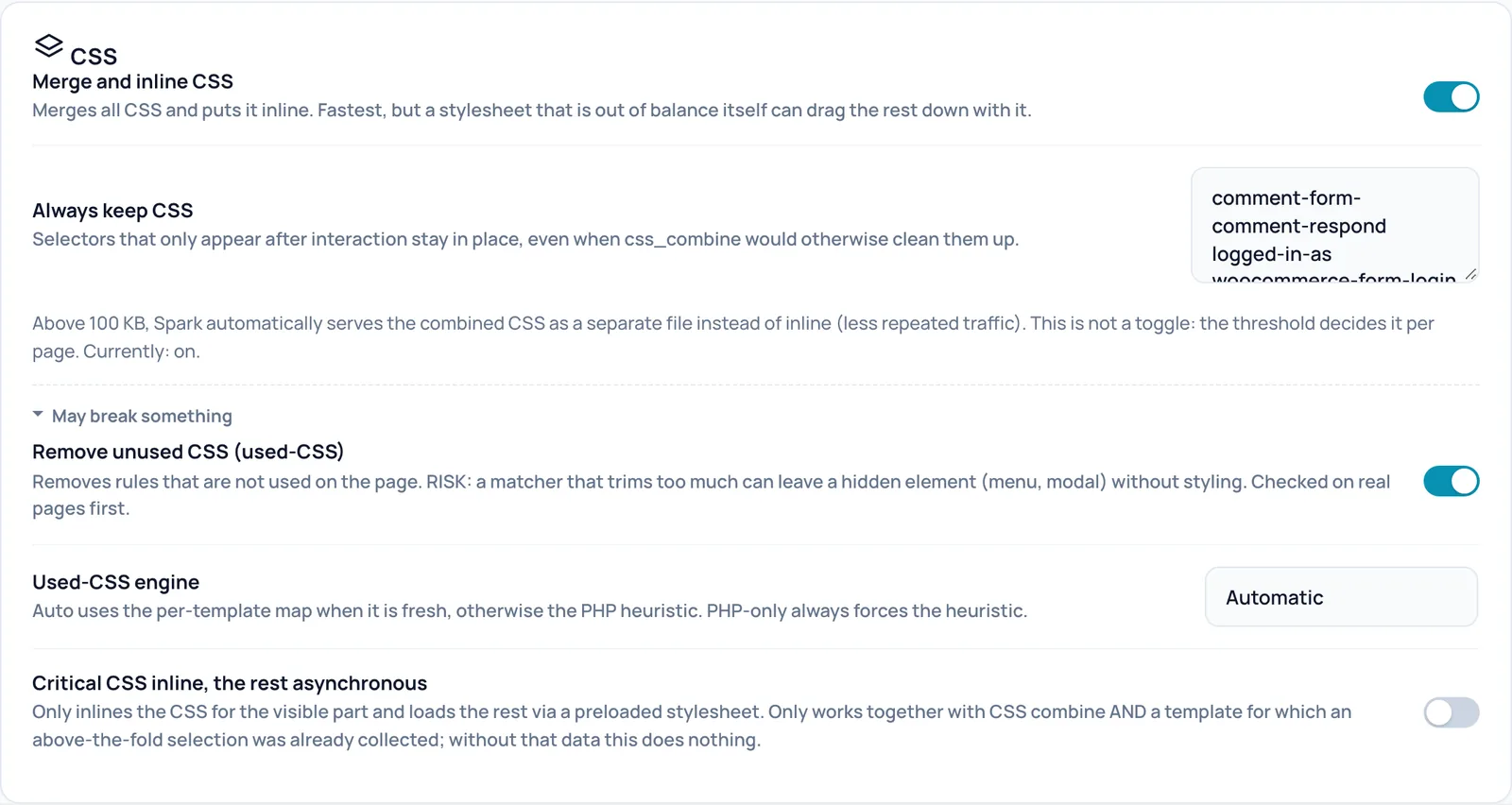 The CSS card with Merge and inline CSS, Always keep CSS, the note about the 100 KB threshold and the expanded May break something block