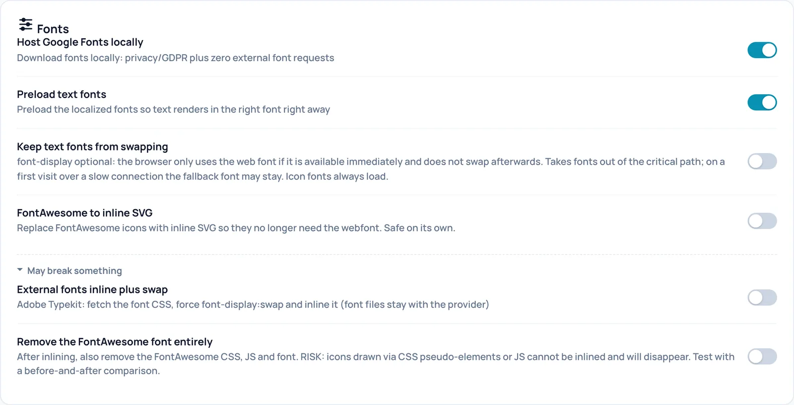 The Fonts card with Host Google Fonts locally, Preload text fonts, Keep text fonts from swapping, FontAwesome to inline SVG and the May break something block