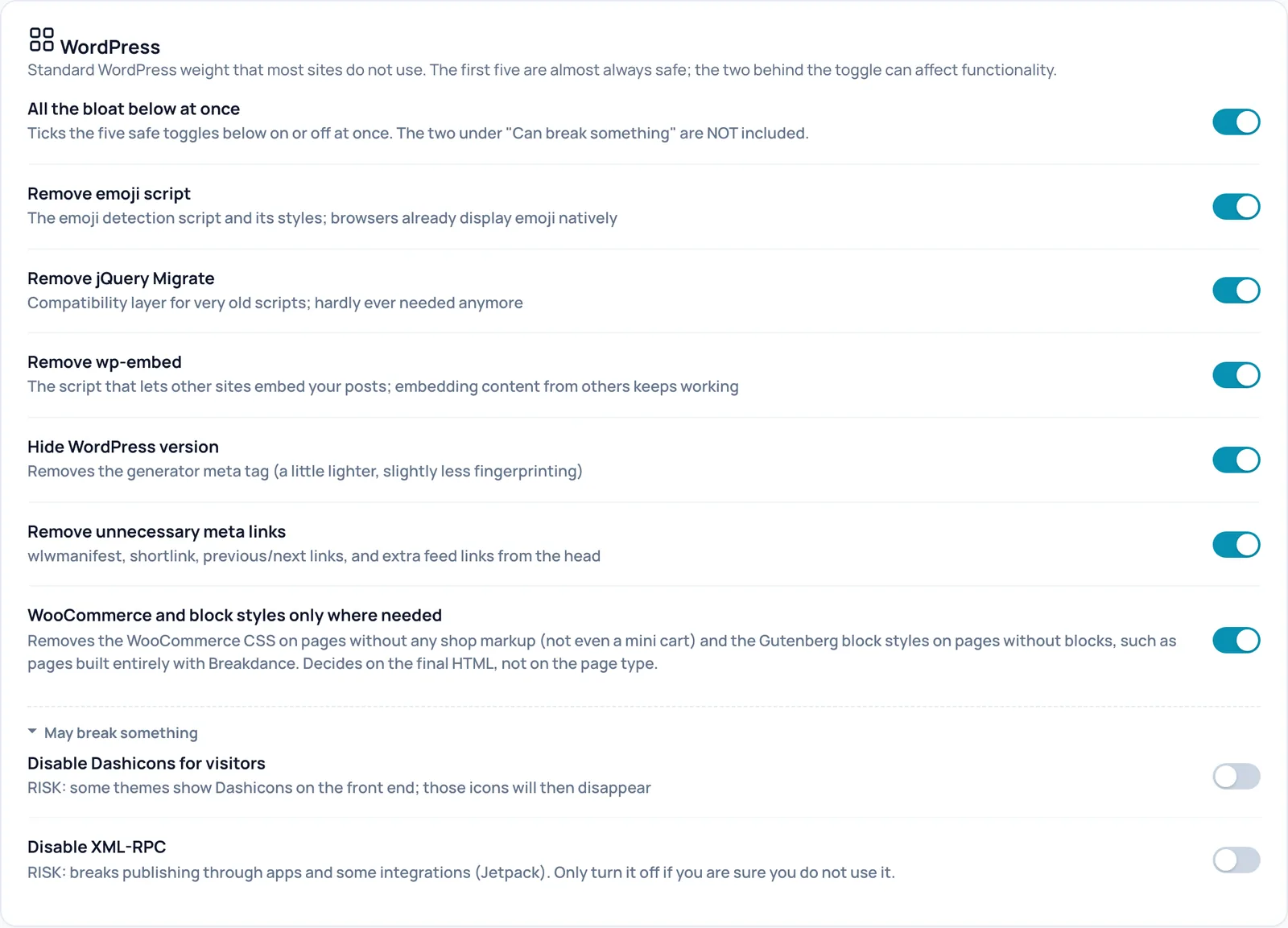 The WordPress card with the group switch, five bloat switches, WooCommerce and block styles and the May break something block