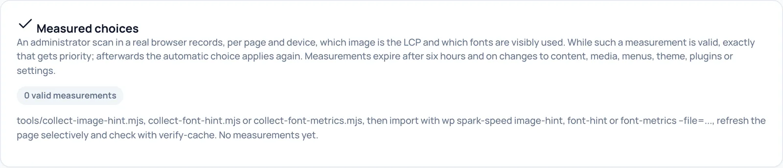 The Measured choices card with the counter 0 valid measurements and the explanation of how measurements are imported