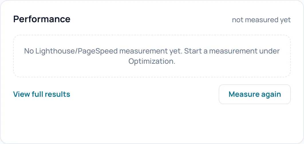 The Performance card reading not measured yet, with the View full results and Measure again buttons