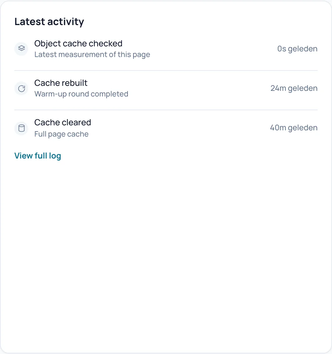 The Latest activity card with three lines: Object cache checked, Cache rebuilt and Cache cleared