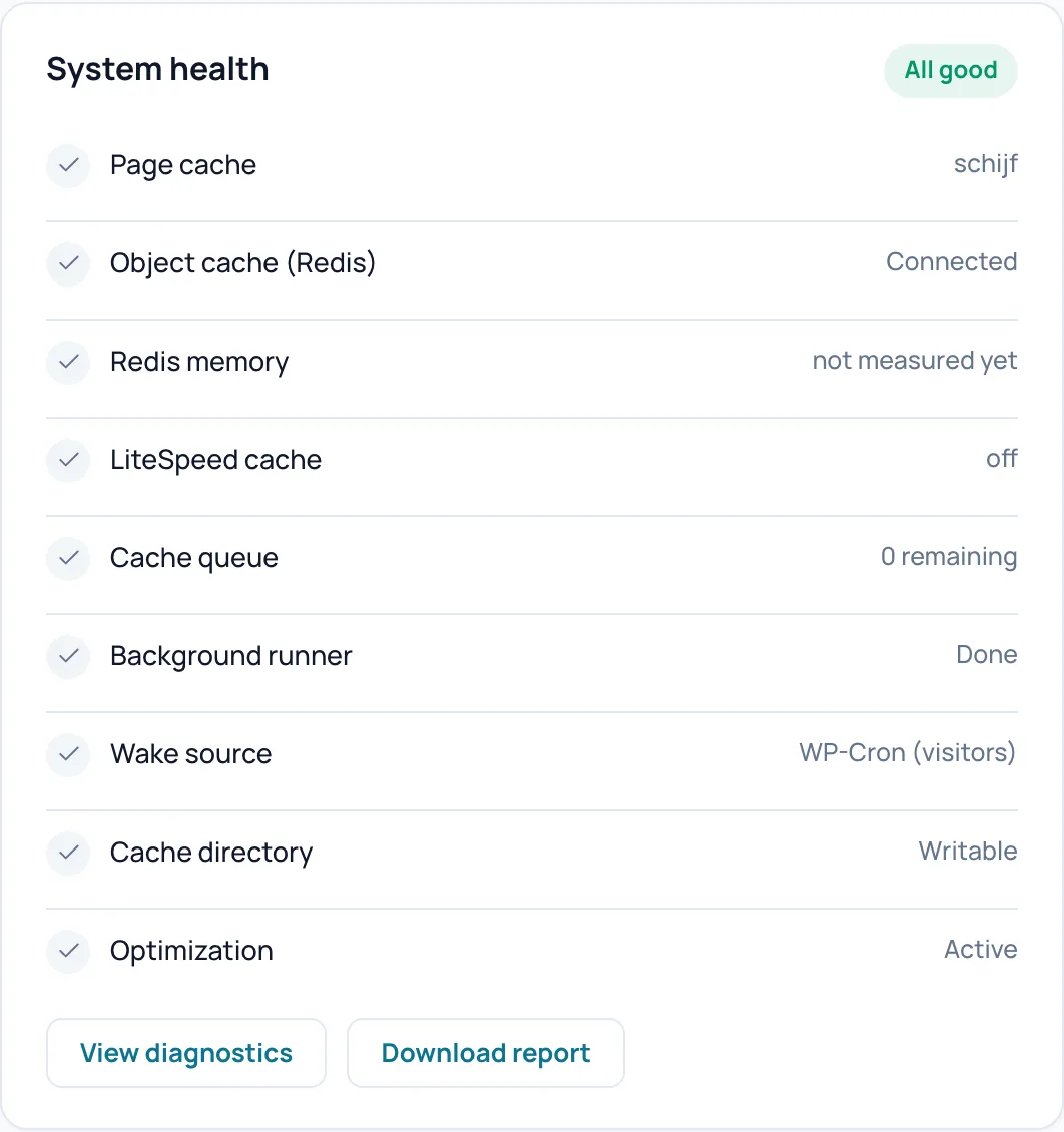 The System health card with the All good pill and nine lines from Page cache to Optimization