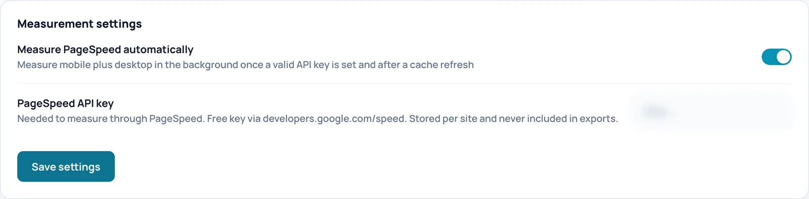 The Measurement settings card with the switch Measure PageSpeed automatically and the PageSpeed API key field