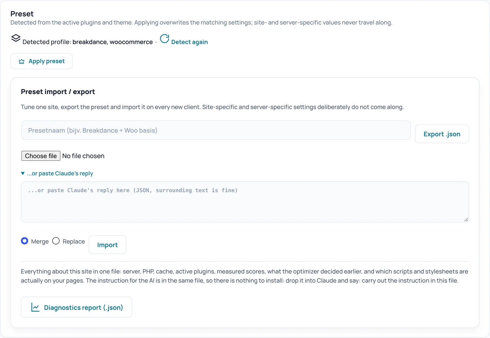 The Preset card with the detected profile breakdance, woocommerce, the link Detect again and the Apply preset button