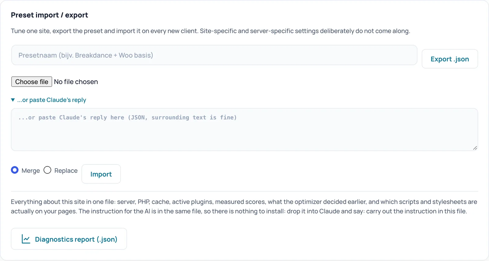The Preset import / export card with the Export .json button