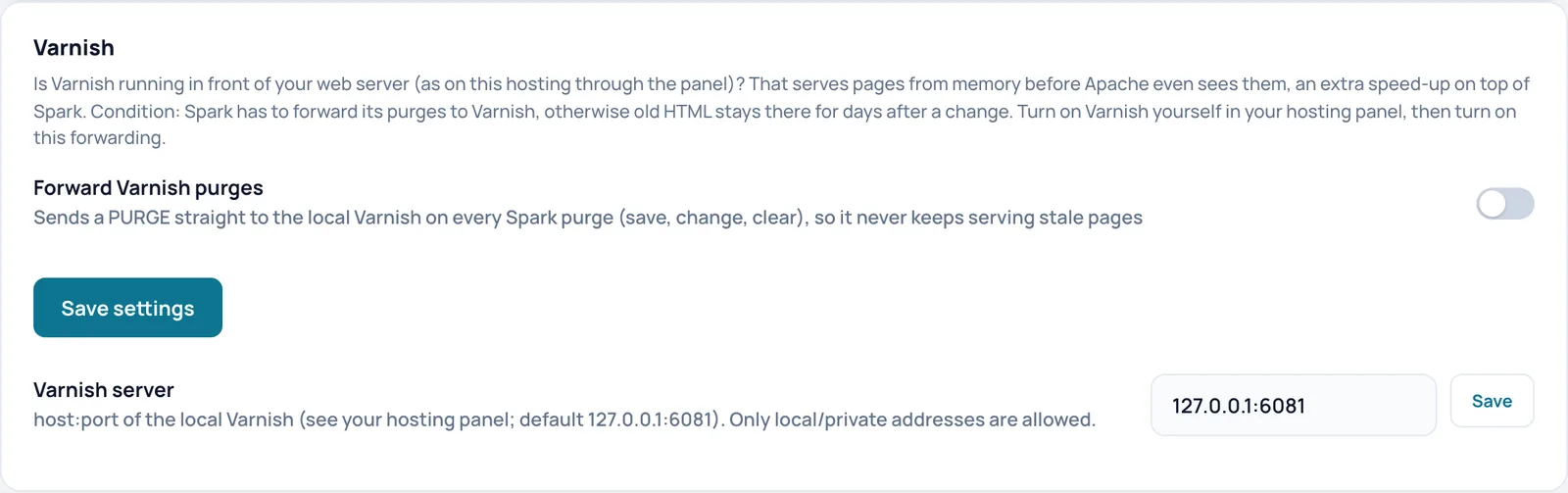 The Varnish card with the switch Forward Varnish purges and the Varnish server field with 127.0.0.1:6081