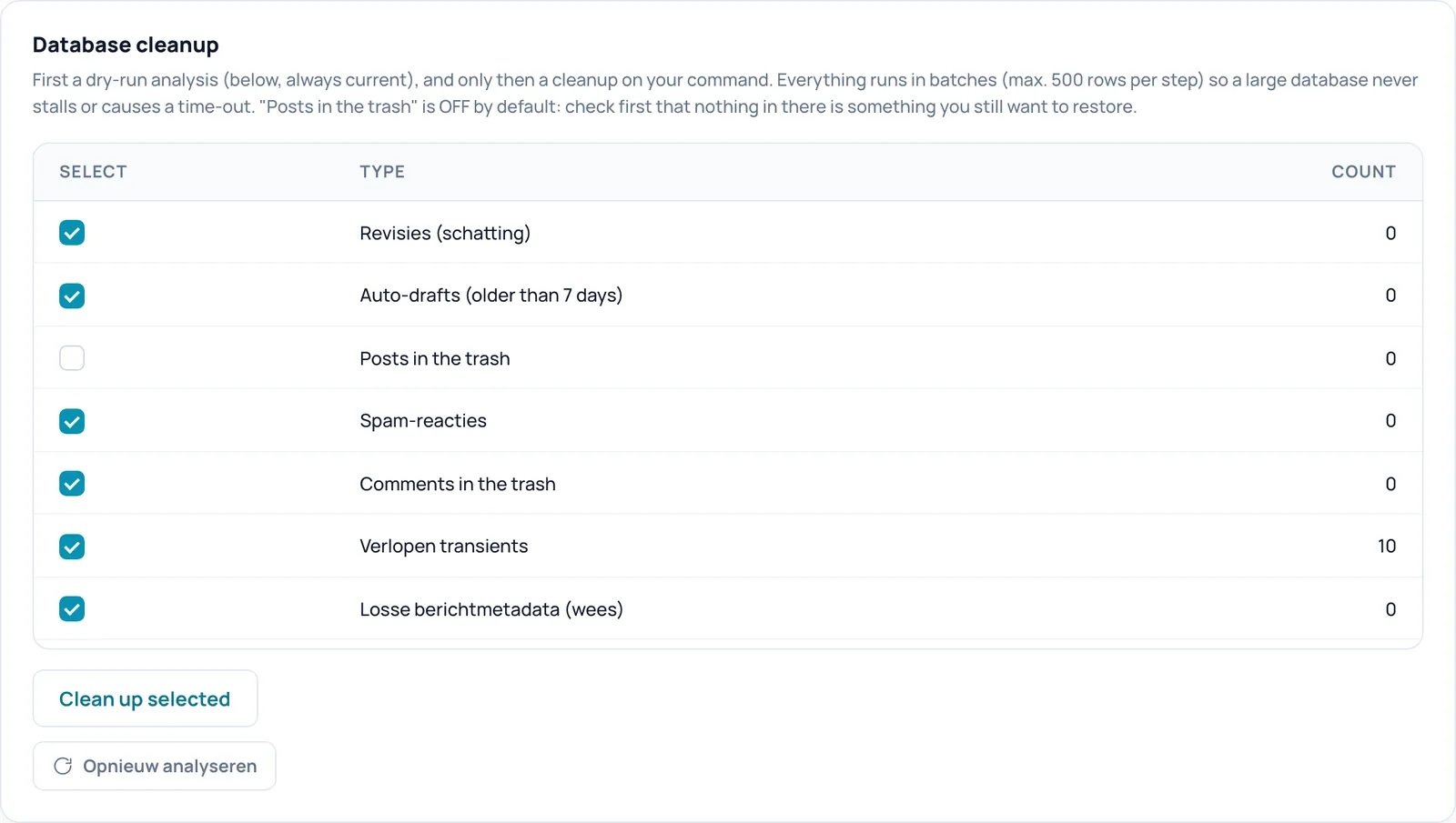 The Database cleanup card with a table of cleanable types, counts and the buttons Clean up selected and Opnieuw analyseren