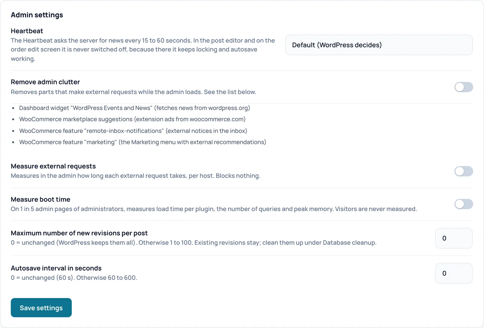 The Admin settings block with the Heartbeat dropdown, switches for admin clutter, external requests and boot time, and fields for revisions and autosave