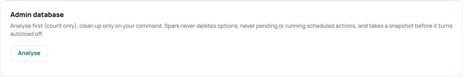 The Admin database block with the Analyse button