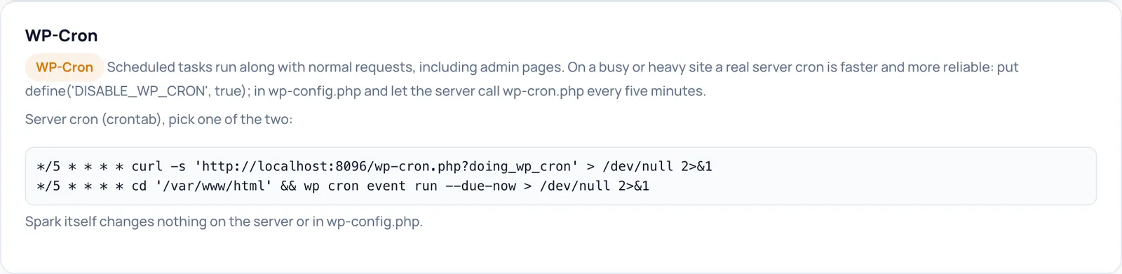 The WP-Cron block with an explanation and two ready-made crontab lines