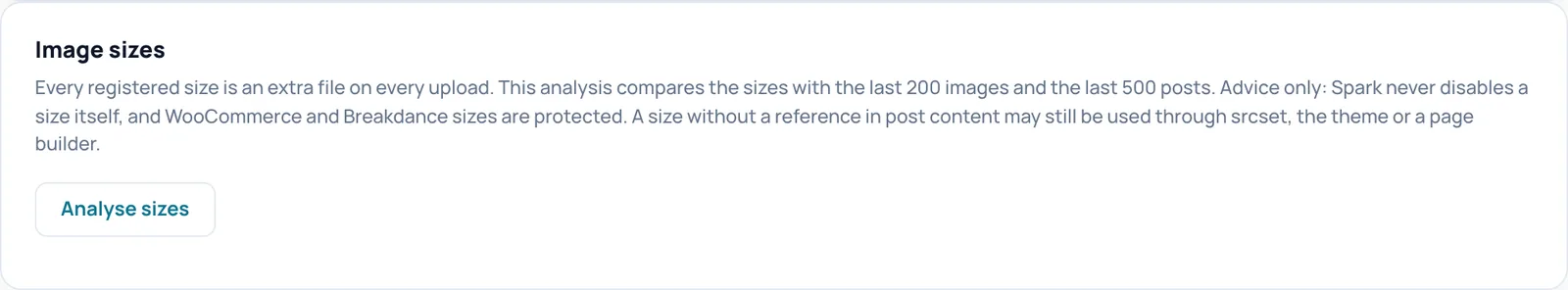The Image sizes block with an explanation and the Analyse sizes button