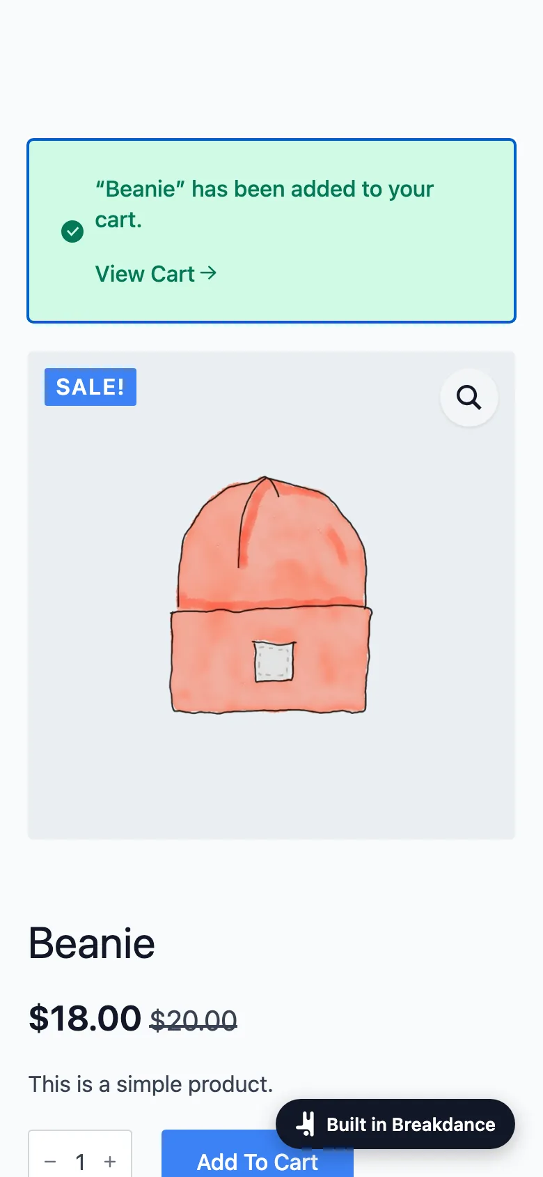 Product page with the message that the product was added to the cart
