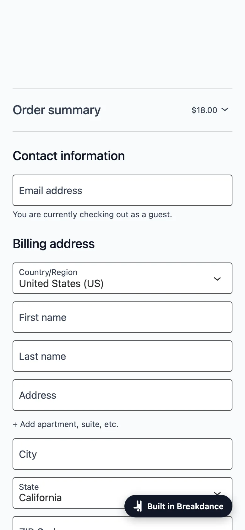 The checkout page with the form