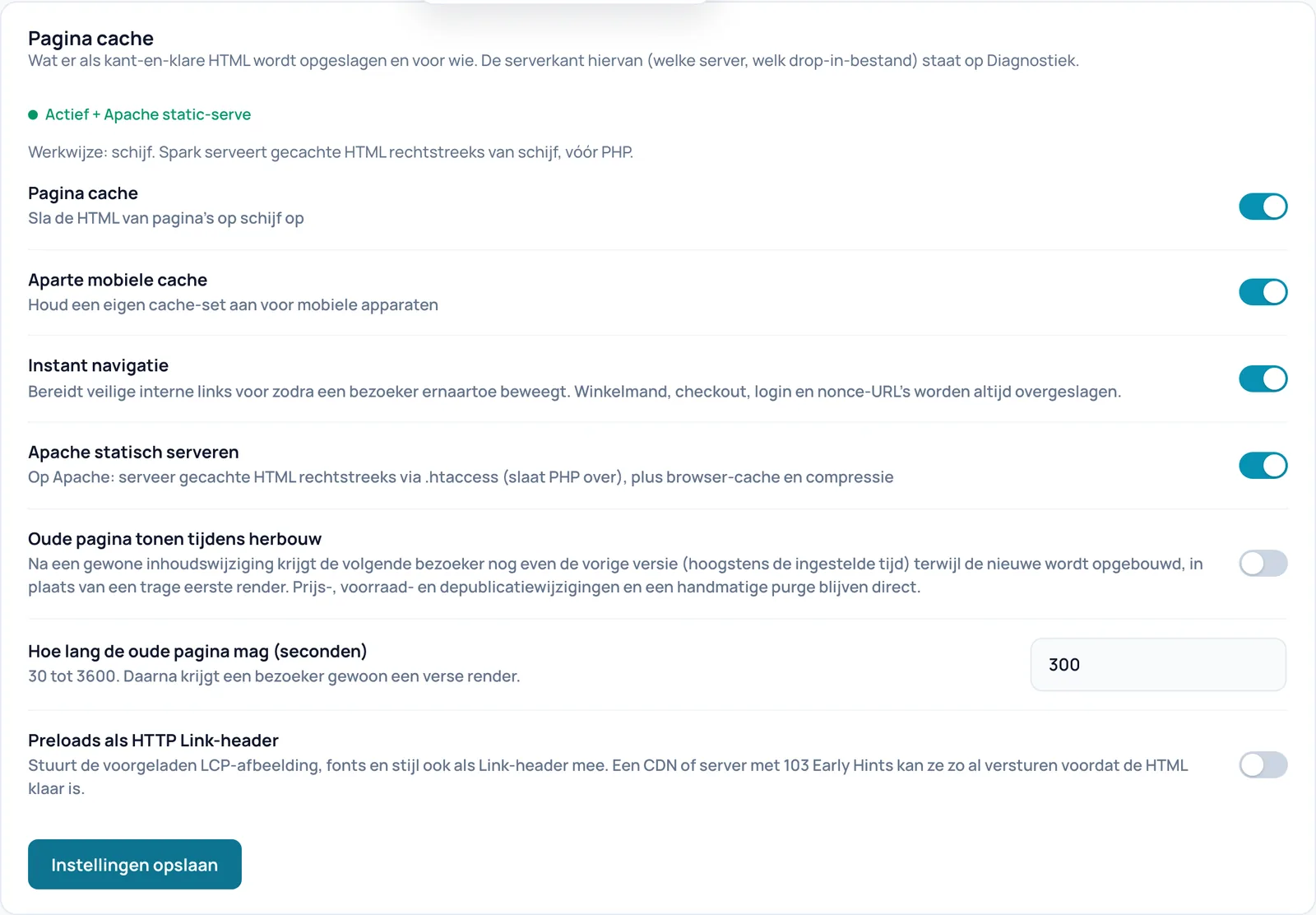 Kaart Pagina cache op het tabblad Cache met de status Actief + Apache static-serve, zes schakelaars, het veld voor seconden en de knop Instellingen opslaan