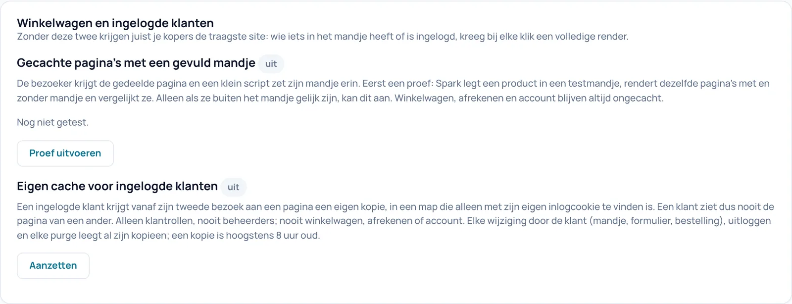 De kaart Winkelwagen en ingelogde klanten met de knoppen Proef uitvoeren en Aanzetten