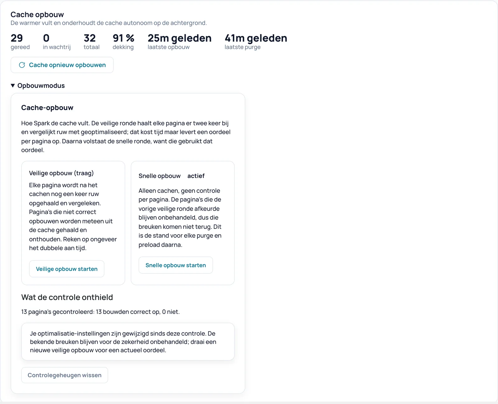 Kaart Cache opbouw met de cijfers gereed, in wachtrij, totaal, dekking, laatste opbouw en laatste purge, de knop Cache opnieuw opbouwen en het opengeklapte blok Opbouwmodus