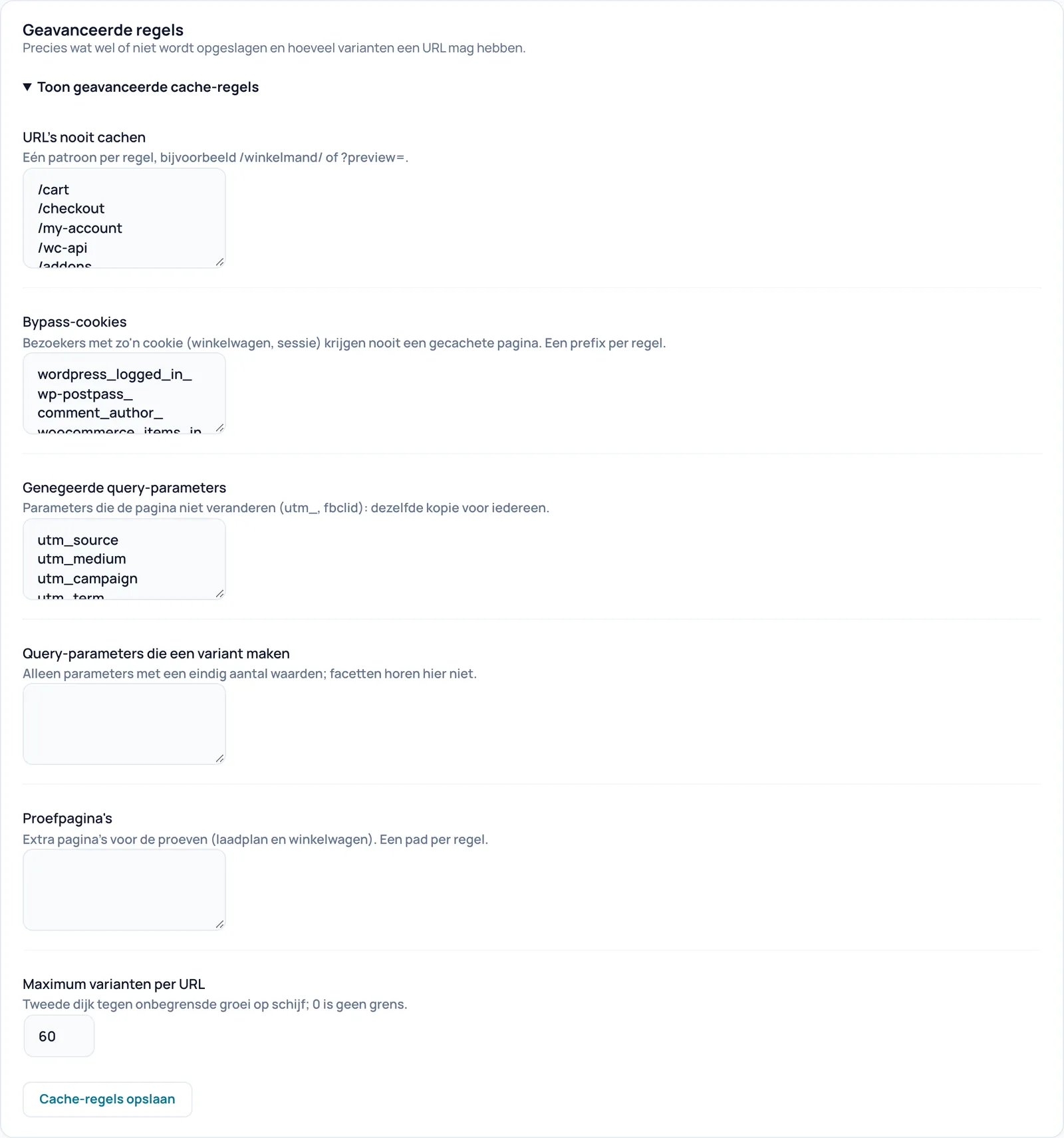 Kaart Geavanceerde regels opengeklapt met de velden URL's nooit cachen, Bypass-cookies, Genegeerde query-parameters, Query-parameters die een variant maken, Proefpagina's en Maximum varianten per URL