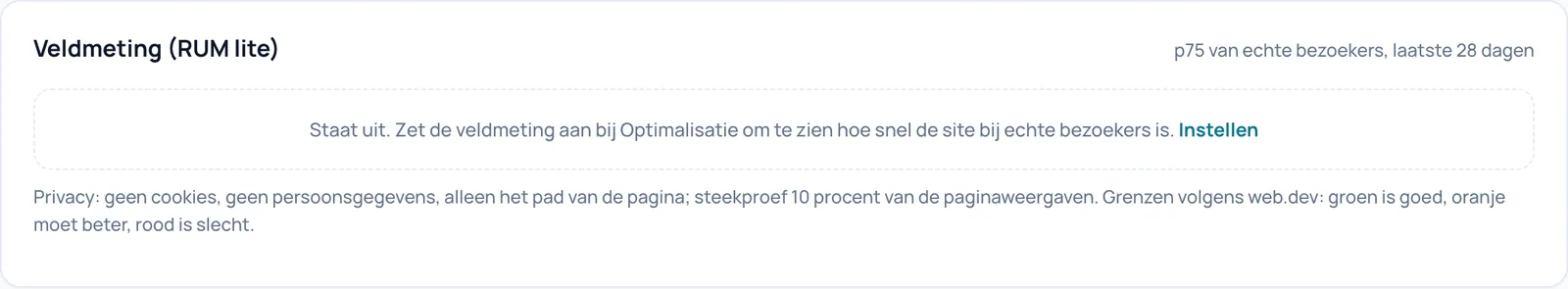 Kaart Veldmeting (RUM lite), uitgeschakeld, met de link Instellen