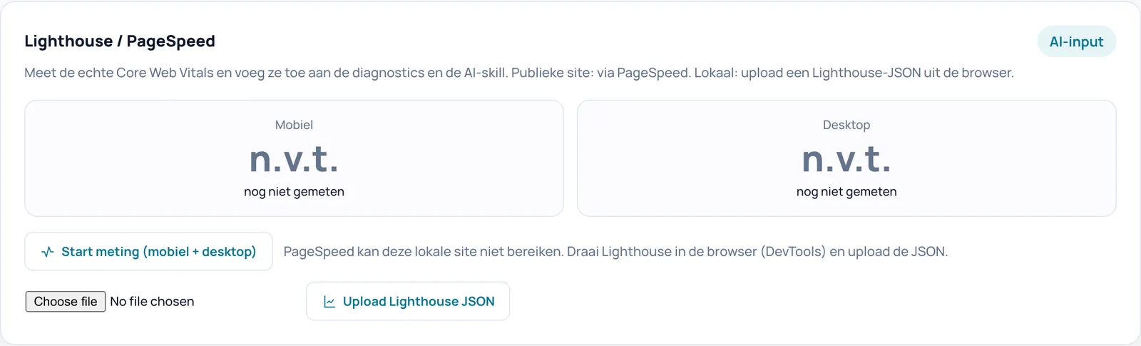Kaart Lighthouse / PageSpeed met scorevakken voor Mobiel en Desktop, de knop Start meting en de knop Upload Lighthouse JSON