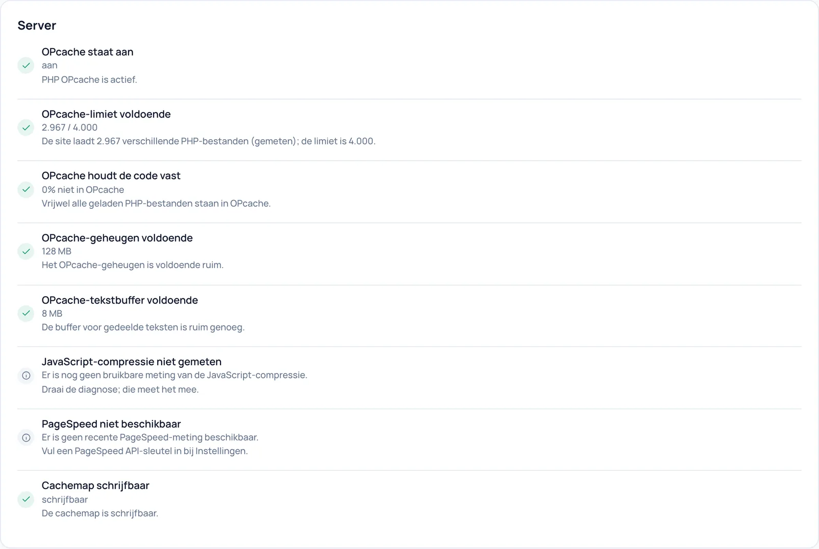 Kaart Server met de controles voor OPcache, JavaScript-compressie, PageSpeed en de cachemap