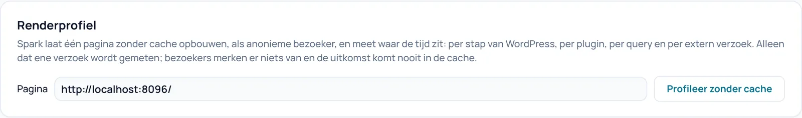 Kaart Renderprofiel met het veld Pagina en de knop Profileer zonder cache