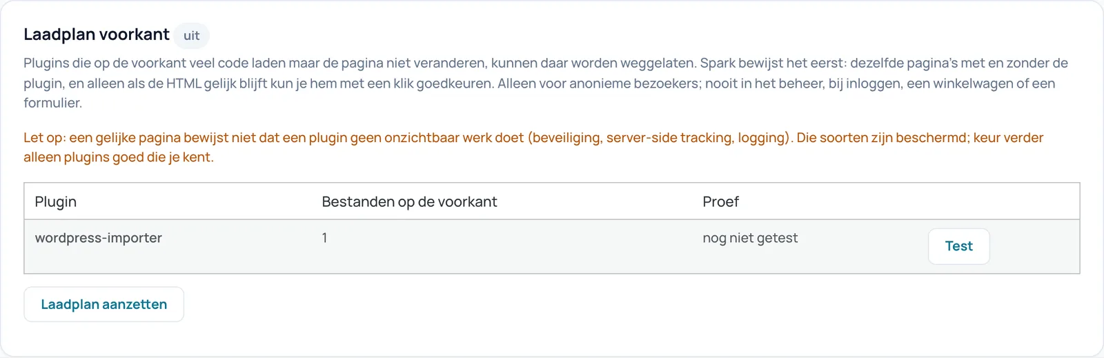 Kaart Laadplan voorkant met een tabel van plugins, de knop Test en de knop Laadplan aanzetten