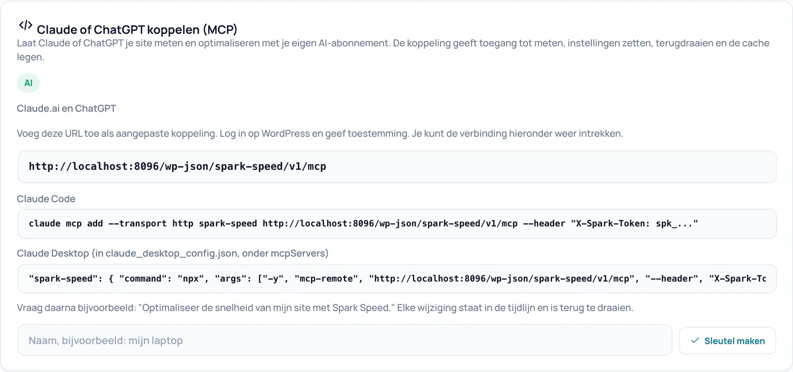 De kaart Claude of ChatGPT koppelen met de koppel-URL, de regels voor Claude Code en Claude Desktop en het veld om een sleutel te maken