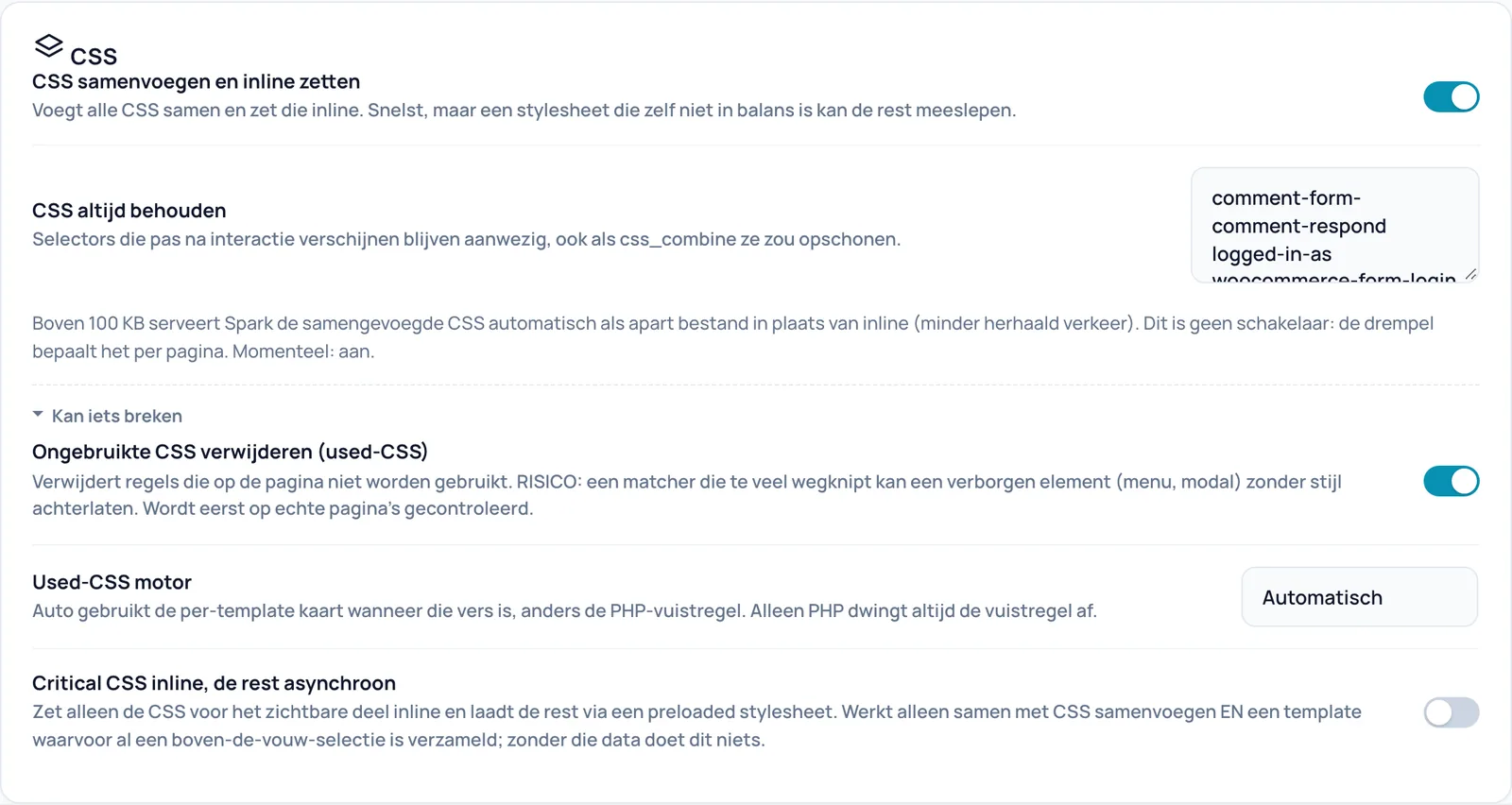De kaart CSS met CSS samenvoegen, CSS altijd behouden, de uitleg over de drempel van 100 KB en het opengeklapte blok Kan iets breken