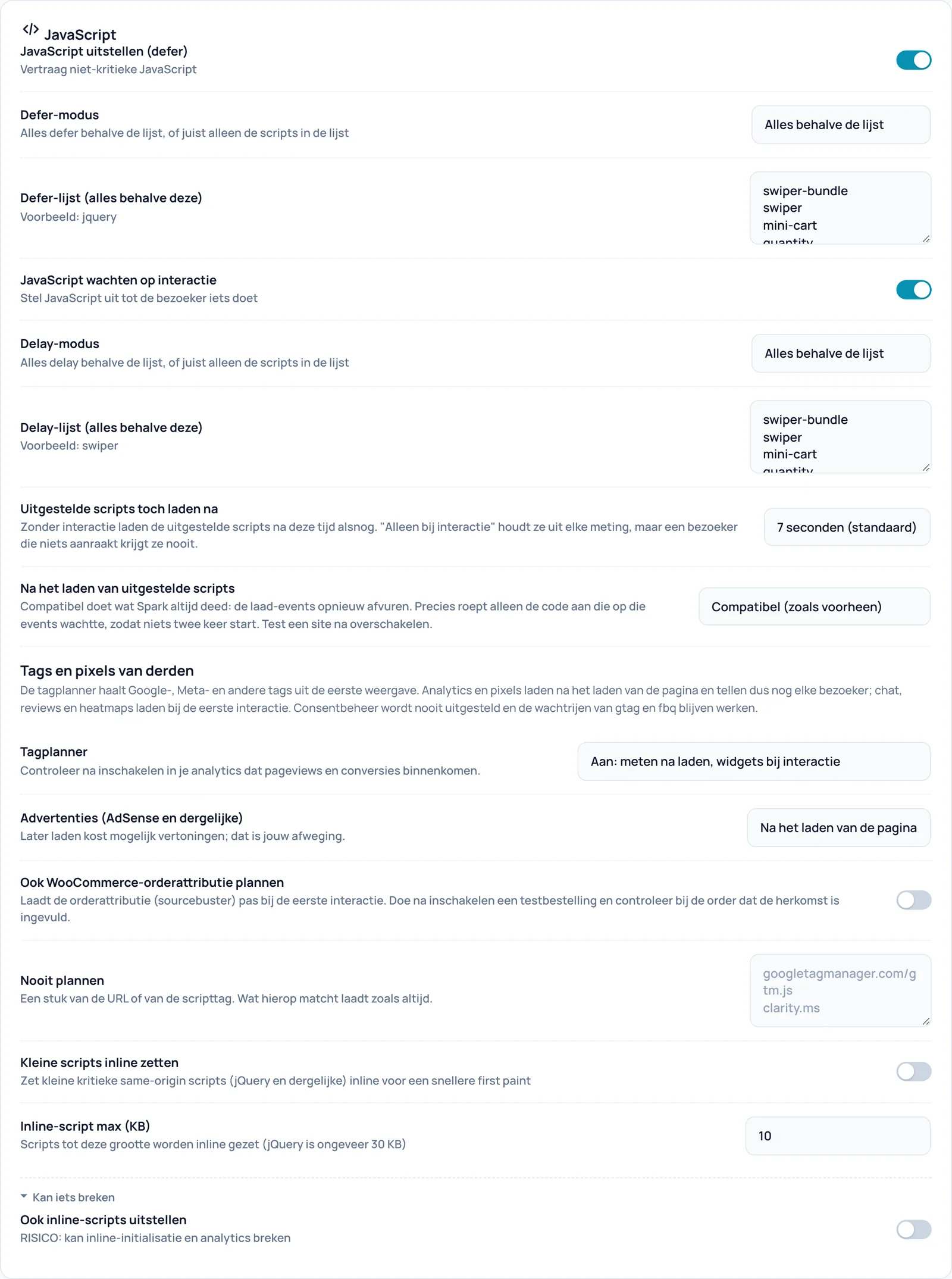 De kaart JavaScript met defer, uitstellen tot interactie, de tagplanner, kleine scripts inline en het blok Kan iets breken