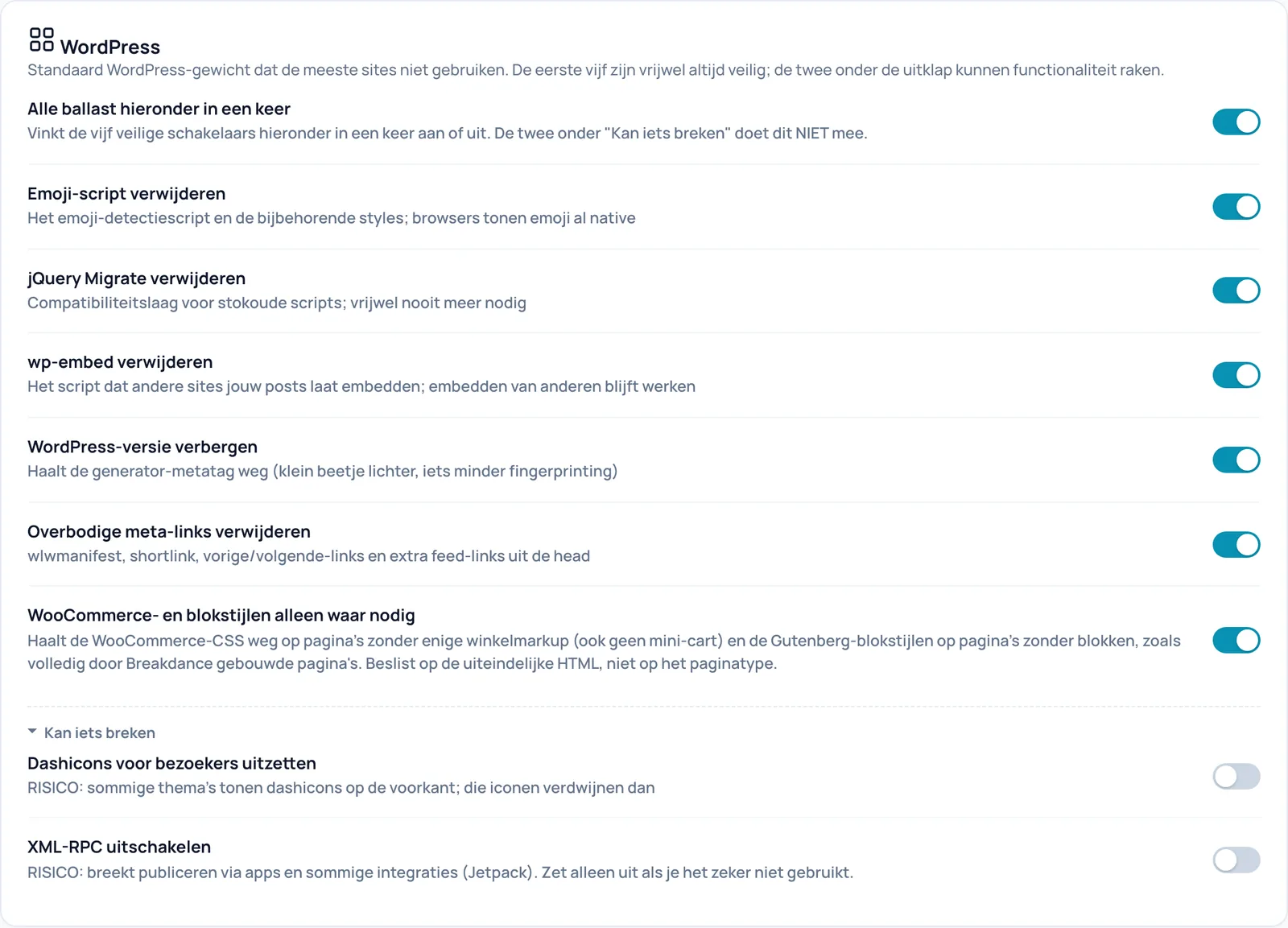 De kaart WordPress met de groepsschakelaar, vijf ballast-schakelaars, WooCommerce- en blokstijlen en het blok Kan iets breken