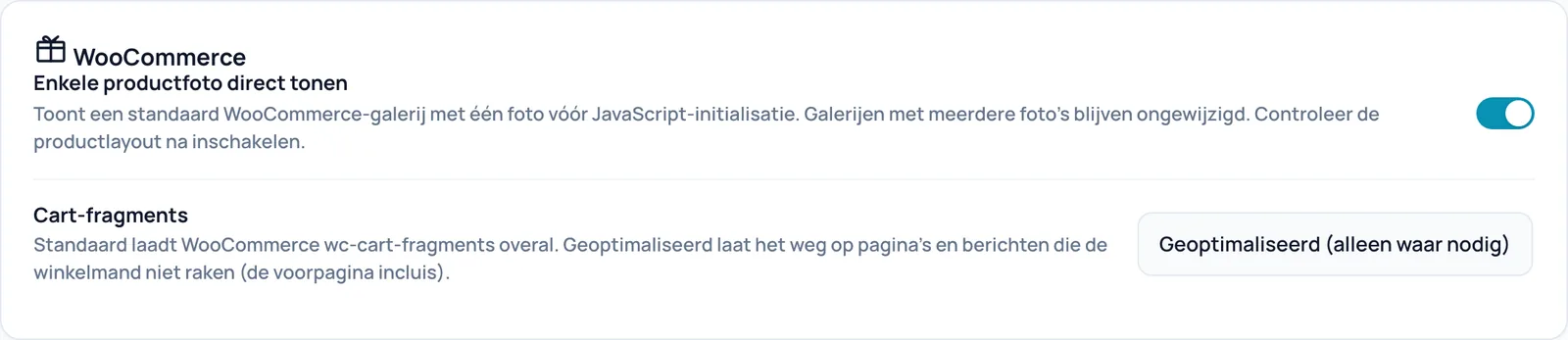 De kaart WooCommerce met Enkele productfoto direct tonen en de keuze voor Cart-fragments