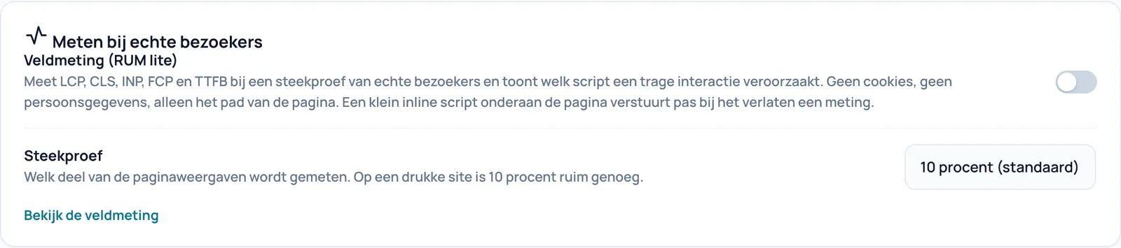 De kaart Meten bij echte bezoekers met de schakelaar Veldmeting, de keuze Steekproef en de link Bekijk de veldmeting